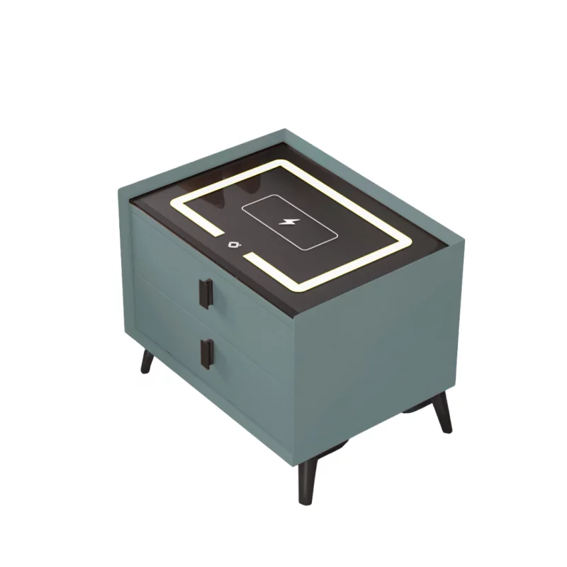 Noptiera inteligenta cu încărcare wireless și iluminare LED –culoare verde, 2 sertare, design modern din sticlă și lemn