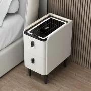 Vekony intelligens ejjeliszekreny vezetek nelkuli toltessel, LED vilagitassal es 2 fiokkal - feher szinu, modern uveg es fa design