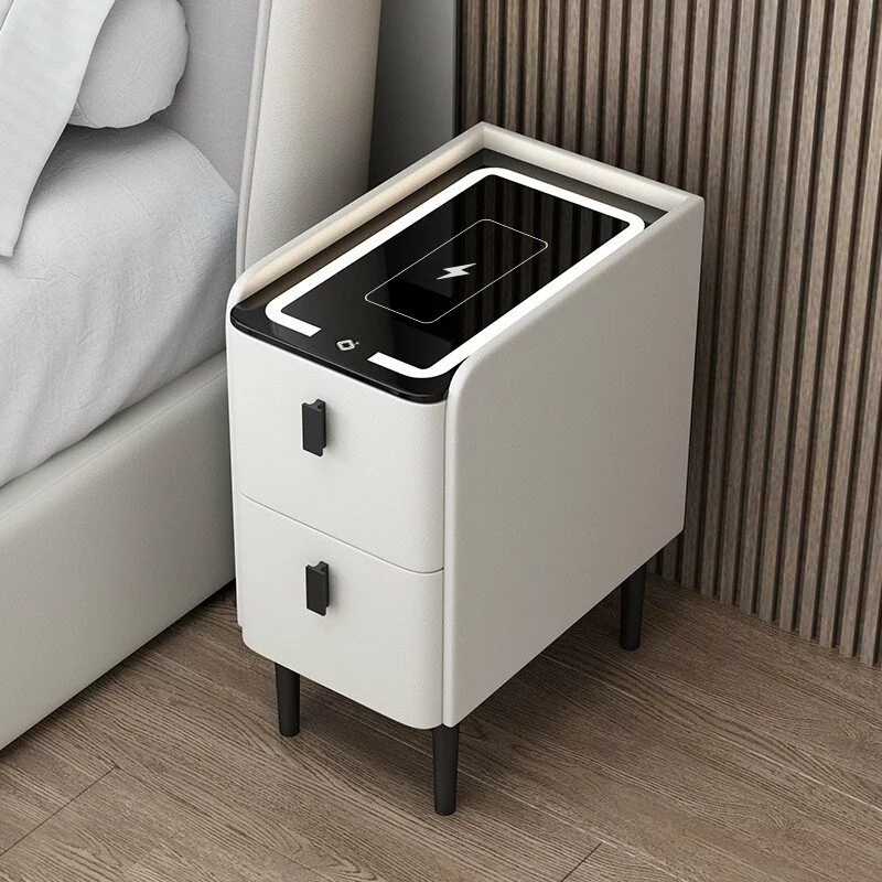 Noptieră inteligentă slim cu încărcare wireless, iluminare LED și 2 sertare – culoare alb, design modern din sticlă și lemn
