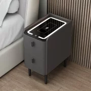 Vekony intelligens ejjeliszekreny vezetek nelkuli toltessel, LED vilagitassal es 2 fiokkal - antracitszurke szinu, modern uveg es fa design