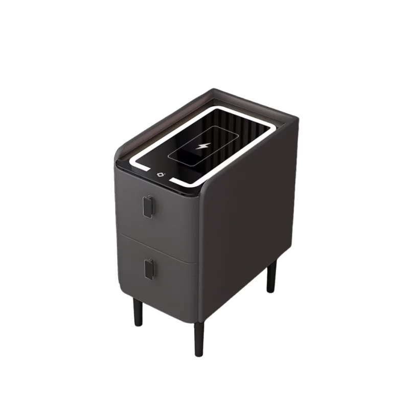 Noptieră inteligentă slim cu încărcare wireless, iluminare LED și 2 sertare – culoare gri antracit, design modern din sticlă și lemn
