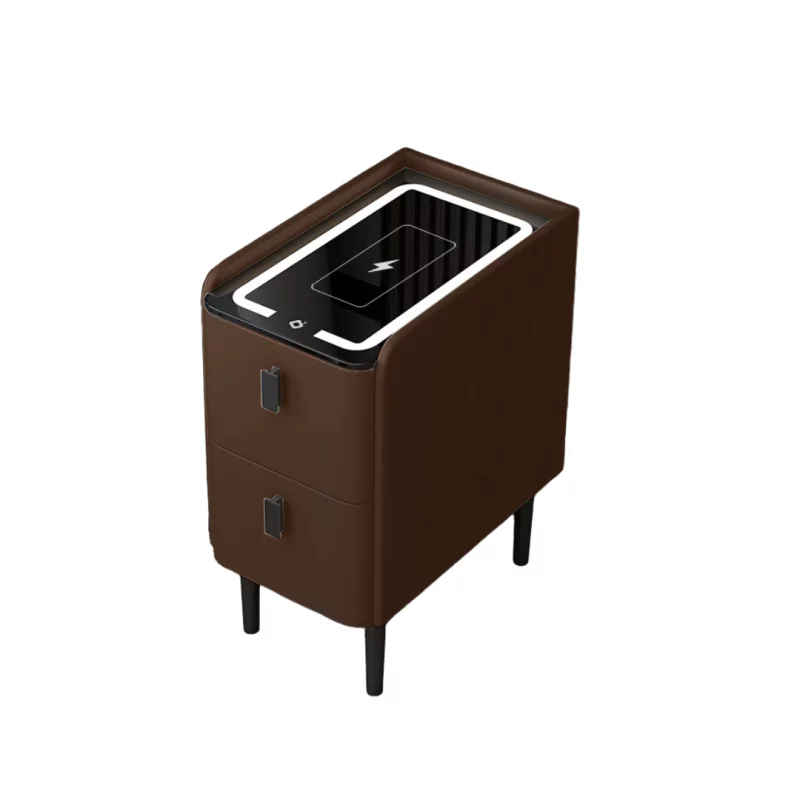 Noptieră inteligentă slim cu încărcare wireless, iluminare LED și 2 sertare – culoare maro, design modern din sticlă și lemn