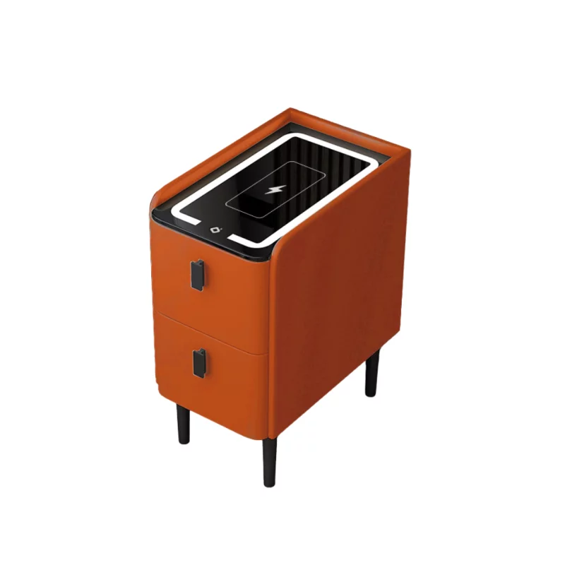 Noptieră inteligentă slim cu încărcare wireless, iluminare LED și 2 sertare – culoare portocaliu, design modern din sticlă și lemn
