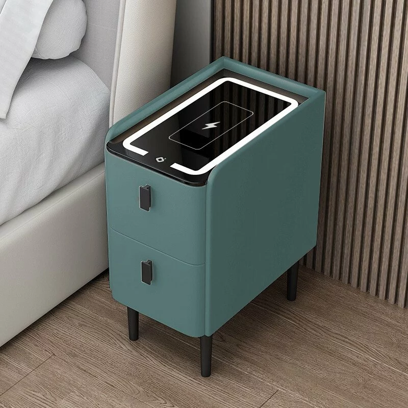 Noptieră inteligentă slim cu încărcare wireless, iluminare LED și 2 sertare – culoare verde, design modern din sticlă și lemn