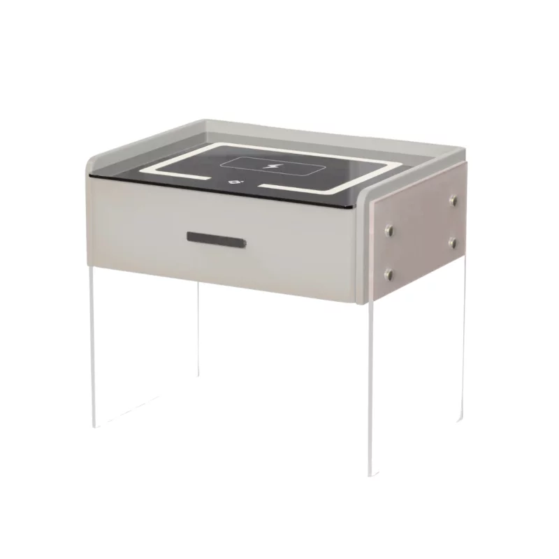 Noptieră inteligentă cu încărcare wireless, iluminare LED, 1 sertar de depozitare – albă, design modern din sticlă și lemn