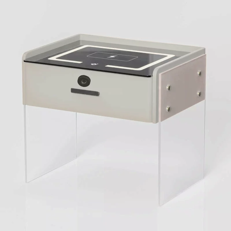 Noptieră inteligentă cu încărcare wireless, iluminare LED, 1 sertar de depozitare, difuzor Bluetooth și închidere prin amprentă – albă, design modern din sticlă și lemn