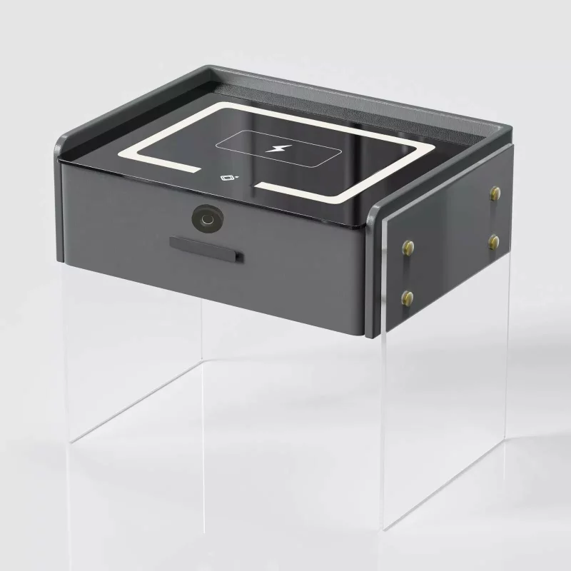 Noptieră inteligentă cu încărcare wireless, iluminare LED, 1 sertar de depozitare, difuzor Bluetooth și închidere prin amprentă – gri antracit, design modern din sticlă și lemn