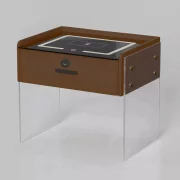 Inteligentno noshchno shkafche s bezzhichno zarezhdane, LED osvetlenie, 1 chekmedzhe za siekhranenie, Bluetooth visokogovoritel i zakliuchvane s priestov otpechatiek - kafiavo, moderen dizain ot stieklo i diervo