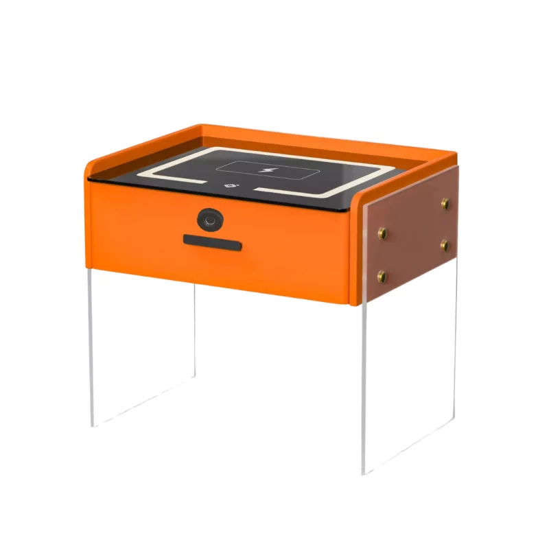 Noptieră inteligentă cu încărcare wireless, iluminare LED, 1 sertar de depozitare, difuzor Bluetooth și închidere prin amprentă – portocalie, design modern din sticlă și lemn