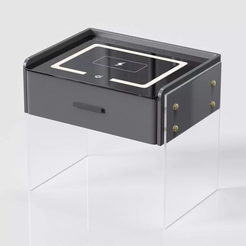 Noptieră inteligentă cu încărcare wireless, iluminare LED, 1 sertar de depozitare – gri antracit, design modern din sticlă și lemn