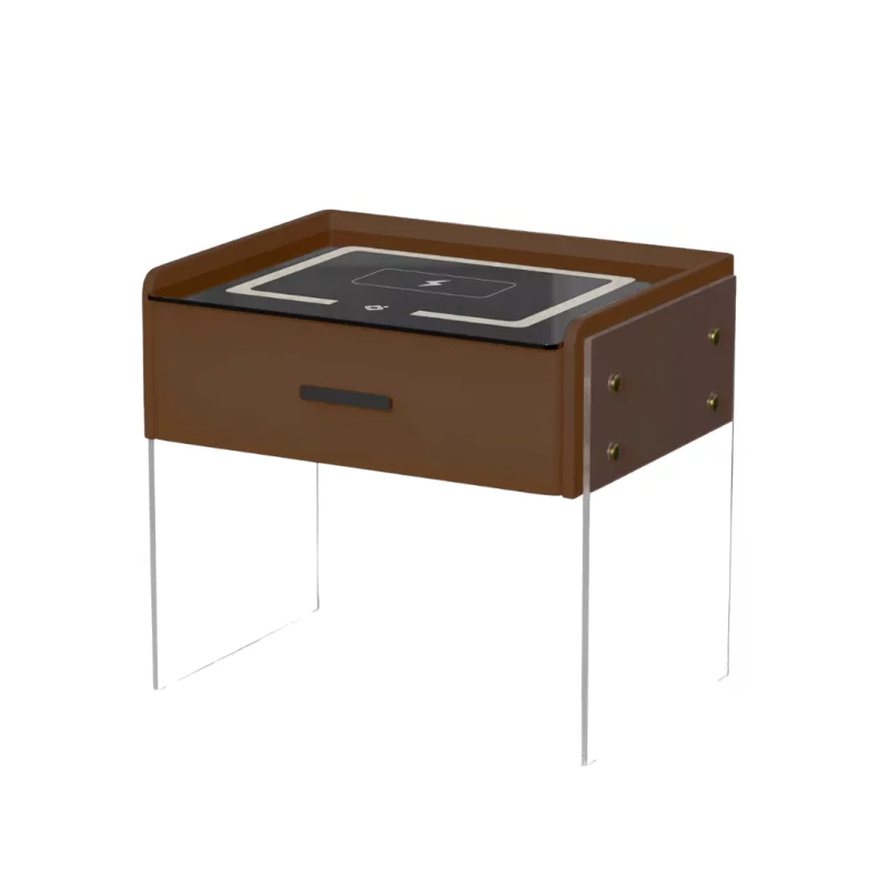 Noptieră inteligentă cu încărcare wireless, iluminare LED, 1 sertar de depozitare – maro, design modern din sticlă și lemn