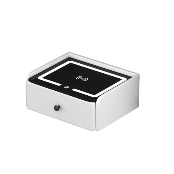 Inteligentno noshchno shkafche s bezzhichno zarezhdane, LED osvetlenie, 1 chekmedzhe za siekhranenie, USB port i Type-C port, 10W Bluetooth visokogovoritel - bial, moderen dizain ot stieklo i diervo