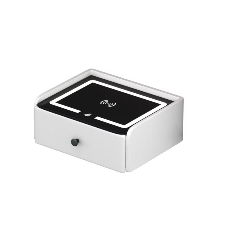 Noptieră inteligentă cu încărcare wireless, iluminare LED, 1 sertar de depozitare, port USB și port Type-C, difuzor Bluetooth de 10W – albă, design modern din sticlă și lemn