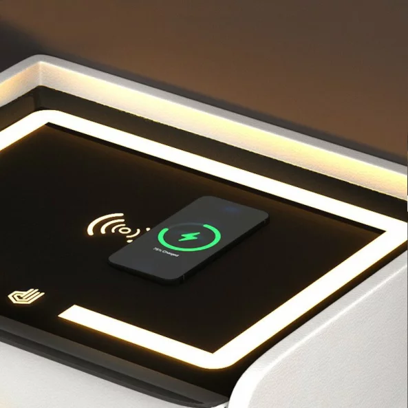 Inteligentno noshchno shkafche s bezzhichno zarezhdane, LED osvetlenie, 1 chekmedzhe za siekhranenie, USB port i Type-C port, 10W Bluetooth visokogovoritel - bial, moderen dizain ot stieklo i diervo