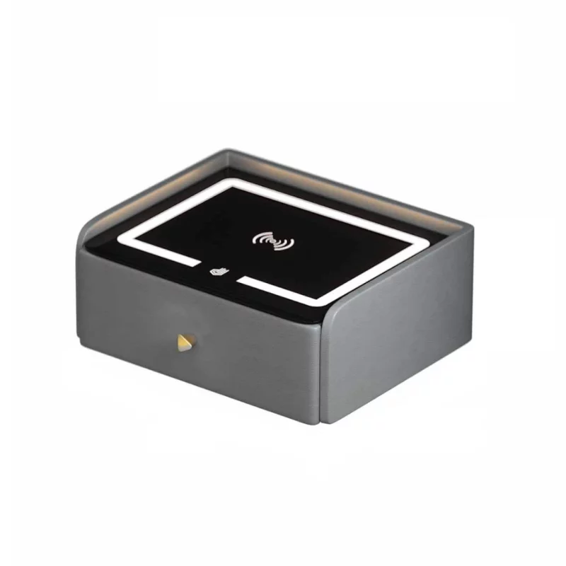 Noptieră inteligentă cu încărcare wireless, iluminare LED, 1 sertar de depozitare, port USB și port Type-C, difuzor Bluetooth de 10W – gri antracit, design modern din sticlă și lemn