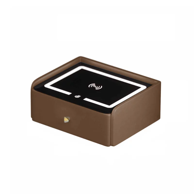 Noptieră inteligentă cu încărcare wireless, iluminare LED, 1 sertar de depozitare, port USB și port Type-C, difuzor Bluetooth de 10W – maro, design modern din sticlă și lemn