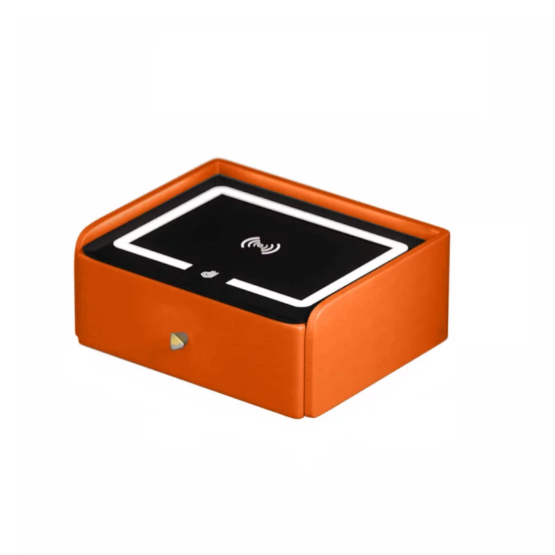 Noptieră inteligentă cu încărcare wireless, iluminare LED, 1 sertar de depozitare, port USB și port Type-C, difuzor Bluetooth de 10W – portocalie, design modern din sticlă și lemn