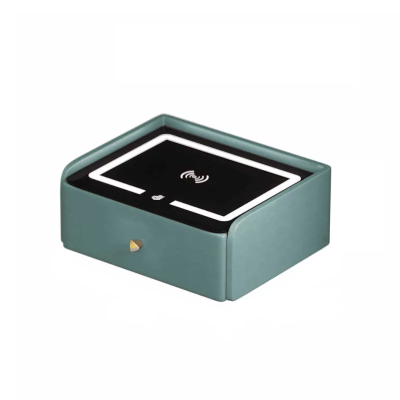 Noptieră inteligentă cu încărcare wireless, iluminare LED, 1 sertar de depozitare, port USB și port Type-C, difuzor Bluetooth de 10W – verde, design modern din sticlă și lemn