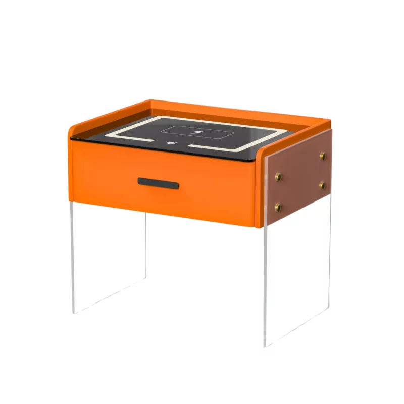 Noptieră inteligentă cu încărcare wireless, iluminare LED, 1 sertar de depozitare – portocalie, design modern din sticlă și lemn
