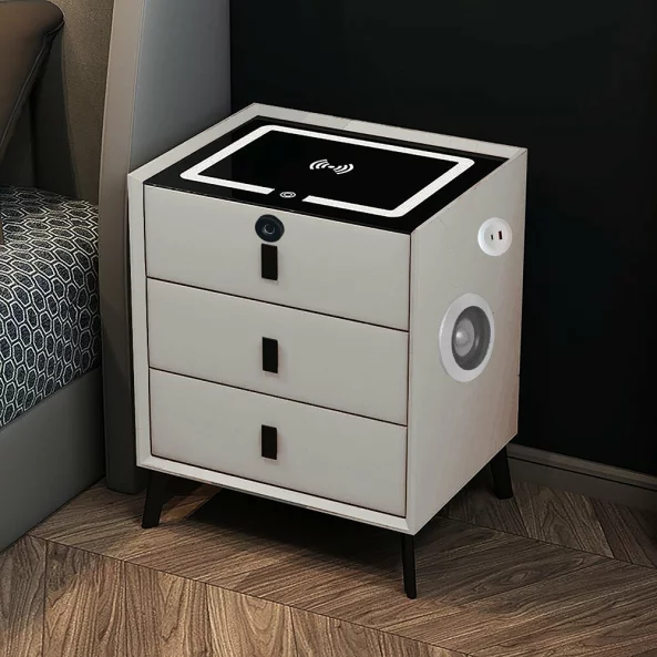 Noptieră inteligentă cu încărcare wireless, iluminare LED, 3 sertare, port USB și port Type-C, difuzor Bluetooth și închidere prin amprentă – culoare albă, design modern din sticlă și lemn