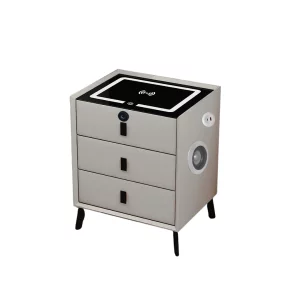 Smart noshchno shkafche s bezzhichno zarezhdane, LED osvetlenie, 3 chekmedzheta, USB port i Type-C port, Bluetooth visokogovoritel i zakliuchvane s priestov otpechatiek - bial tsviat, moderen dizain ot stieklo i diervo