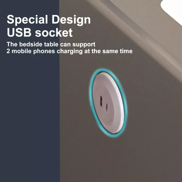 Noptieră inteligentă cu încărcare wireless, iluminare LED, 3 sertare, port USB și port Type-C, difuzor Bluetooth și închidere prin amprentă – culoare albă, design modern din sticlă și lemn