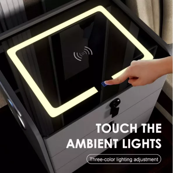 Noptieră inteligentă cu încărcare wireless, iluminare LED, 3 sertare, port USB și port Type-C, difuzor Bluetooth și închidere prin amprentă – culoare albă, design modern din sticlă și lemn