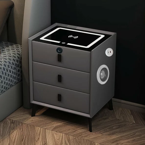 Umno noshchno shkafche s bezzhichno zarezhdane, LED osvetlenie, 3 chekmedzheta, USB port i Type-C port, Bluetooth visokogovoritel i zakliuchvane s priestov otpechatiek - tsviat antratsitno siv, moderen dizain ot stieklo i diervo