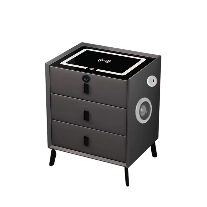 Noptieră inteligentă cu încărcare wireless, iluminare LED, 3 sertare, port USB și port Type-C, difuzor Bluetooth și închidere prin amprentă – culoare gri antracit, design modern din sticlă și lemn