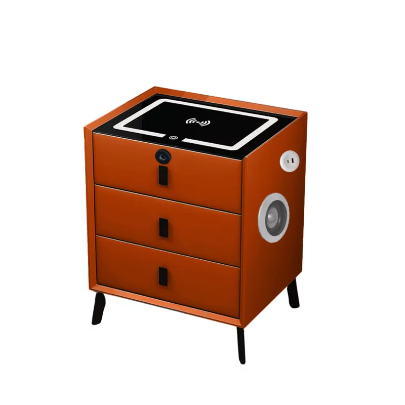 Noptieră inteligentă cu încărcare wireless, iluminare LED, 3 sertare, port USB și port Type-C, difuzor Bluetooth și închidere prin amprentă – culoare portocalie, design modern din sticlă și lemn
