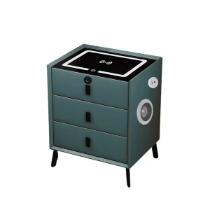 Smart noshchno shkafche s bezzhichno zarezhdane, LED osvetlenie, 3 chekmedzheta, USB port i Type-C port, Bluetooth visokogovoritel i zakliuchvane s priestov otpechatiek - zelen tsviat, moderen dizain ot stieklo i diervo