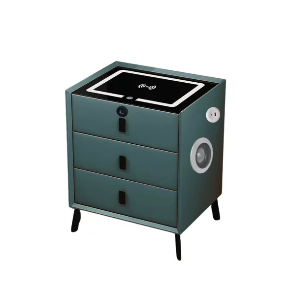 Smart noshchno shkafche s bezzhichno zarezhdane, LED osvetlenie, 3 chekmedzheta, USB port i Type-C port, Bluetooth visokogovoritel i zakliuchvane s priestov otpechatiek - zelen tsviat, moderen dizain ot stieklo i diervo