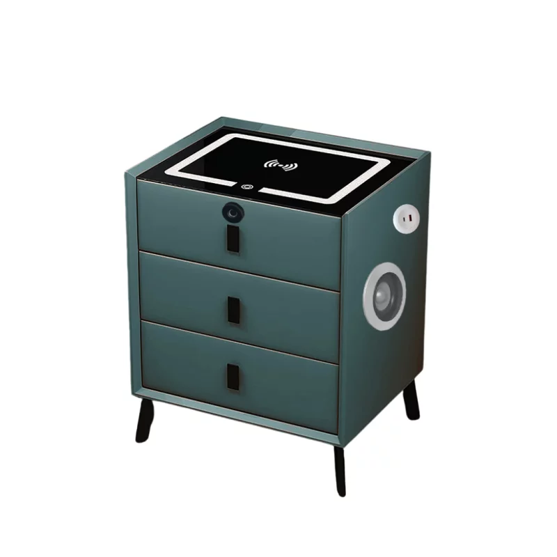 Noptieră inteligentă cu încărcare wireless, iluminare LED, 3 sertare, port USB și port Type-C, difuzor Bluetooth și închidere prin amprentă – culoare verde, design modern din sticlă și lemn
