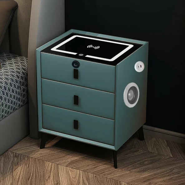 Smart noshchno shkafche s bezzhichno zarezhdane, LED osvetlenie, 3 chekmedzheta, USB port i Type-C port, Bluetooth visokogovoritel i zakliuchvane s priestov otpechatiek - zelen tsviat, moderen dizain ot stieklo i diervo