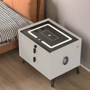 Smart noshchno shkafche s bezzhichno zarezhdane, LED osvetlenie, Bluetooth visokogovoritel, USB i Type-C port - bial tsviat, 2 chekmedzheta, moderen dizain ot stieklo i diervo