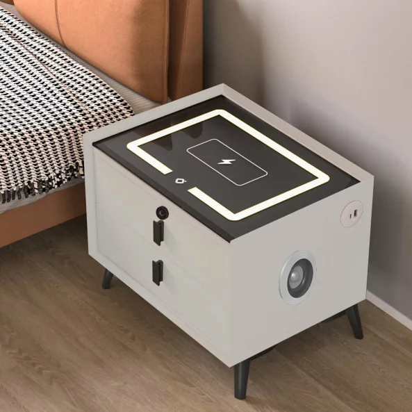 Smart noshchno shkafche s bezzhichno zarezhdane, LED osvetlenie, Bluetooth visokogovoritel, USB i Type-C port - bial tsviat, 2 chekmedzheta, moderen dizain ot stieklo i diervo