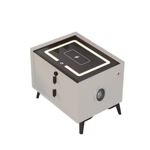 Noptieră inteligentă cu încărcare wireless, iluminare LED, difuzor Bluetooth, port USB și Type-C – culoare alb, 2 sertare, design modern din sticlă și lemn