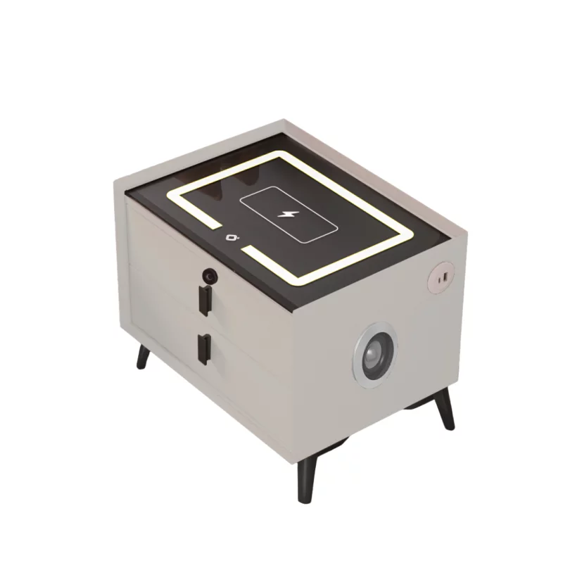 Noptieră inteligentă cu încărcare wireless, iluminare LED, difuzor Bluetooth, port USB și Type-C – culoare alb, 2 sertare, design modern din sticlă și lemn