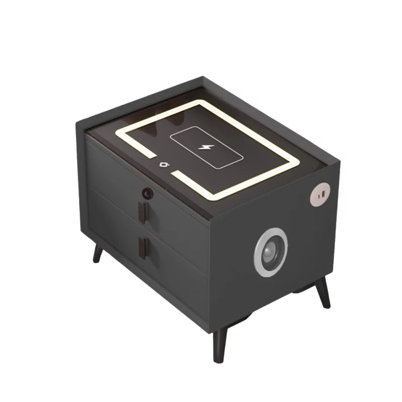 Noptieră inteligentă cu încărcare wireless, iluminare LED, difuzor Bluetooth, port USB și Type-C – culoare gri antracit, 2 sertare, design modern din sticlă și lemn