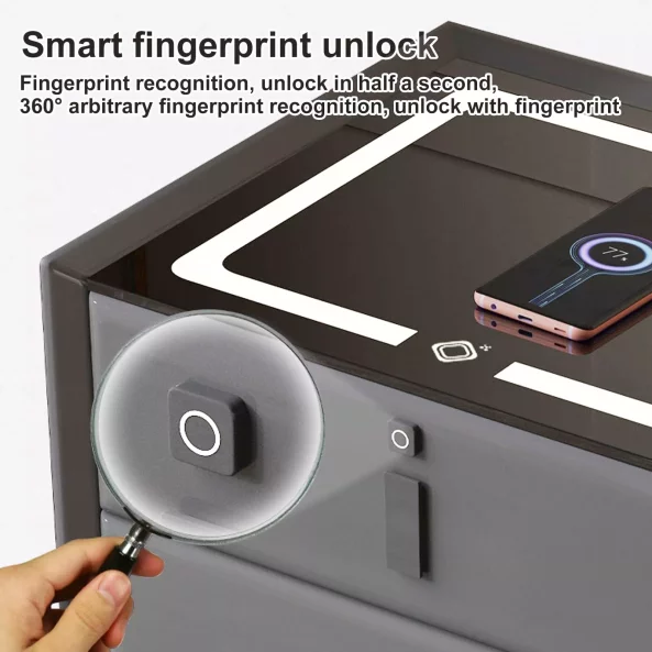 Umno noshchno shkafche s bezzhichno zarezhdane, LED osvetlenie, Bluetooth visokogovoritel, USB i Type-C port - tsviat antratsitno siv, 2 chekmedzheta, moderen dizain ot stieklo i diervo