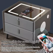 Umno noshchno shkafche s bezzhichno zarezhdane, LED osvetlenie, Bluetooth visokogovoritel, USB i Type-C port - tsviat antratsitno siv, 2 chekmedzheta, moderen dizain ot stieklo i diervo