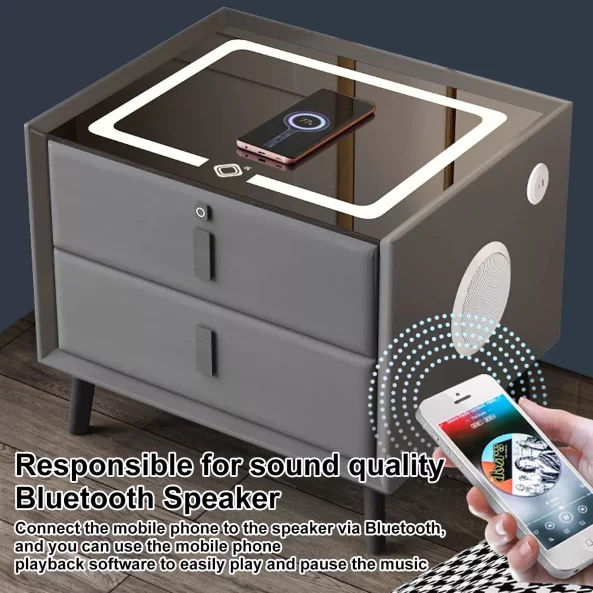 Umno noshchno shkafche s bezzhichno zarezhdane, LED osvetlenie, Bluetooth visokogovoritel, USB i Type-C port - tsviat antratsitno siv, 2 chekmedzheta, moderen dizain ot stieklo i diervo