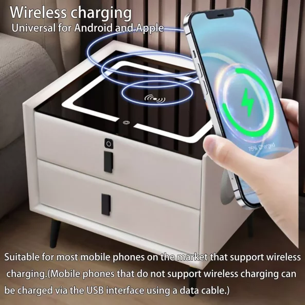 Umno noshchno shkafche s bezzhichno zarezhdane, LED osvetlenie, Bluetooth visokogovoritel, USB i Type-C port - tsviat antratsitno siv, 2 chekmedzheta, moderen dizain ot stieklo i diervo