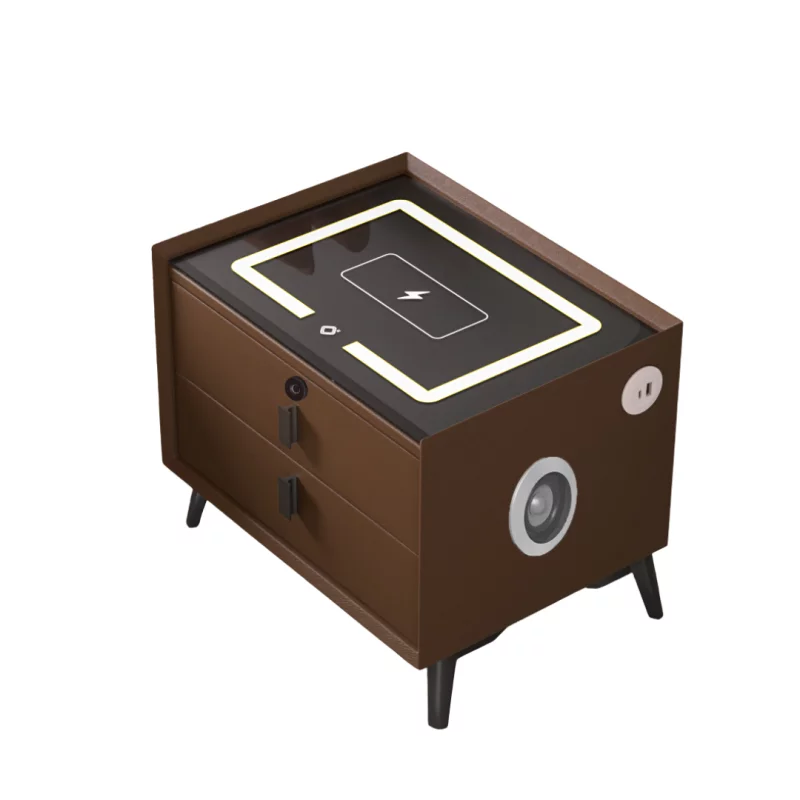 Noptieră inteligentă cu încărcare wireless, iluminare LED, difuzor Bluetooth, port USB și Type-C – culoare maro, 2 sertare, design modern din sticlă și lemn