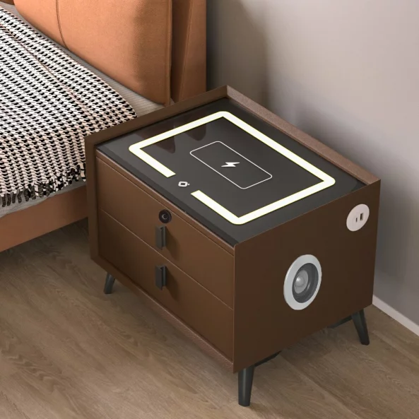 Smart noshchno shkafche s bezzhichno zarezhdane, LED osvetlenie, Bluetooth visokogovoritel, USB i Type-C port – kafiav tsviat, 2 chekmedzheta, moderen dizain ot stieklo i diervo