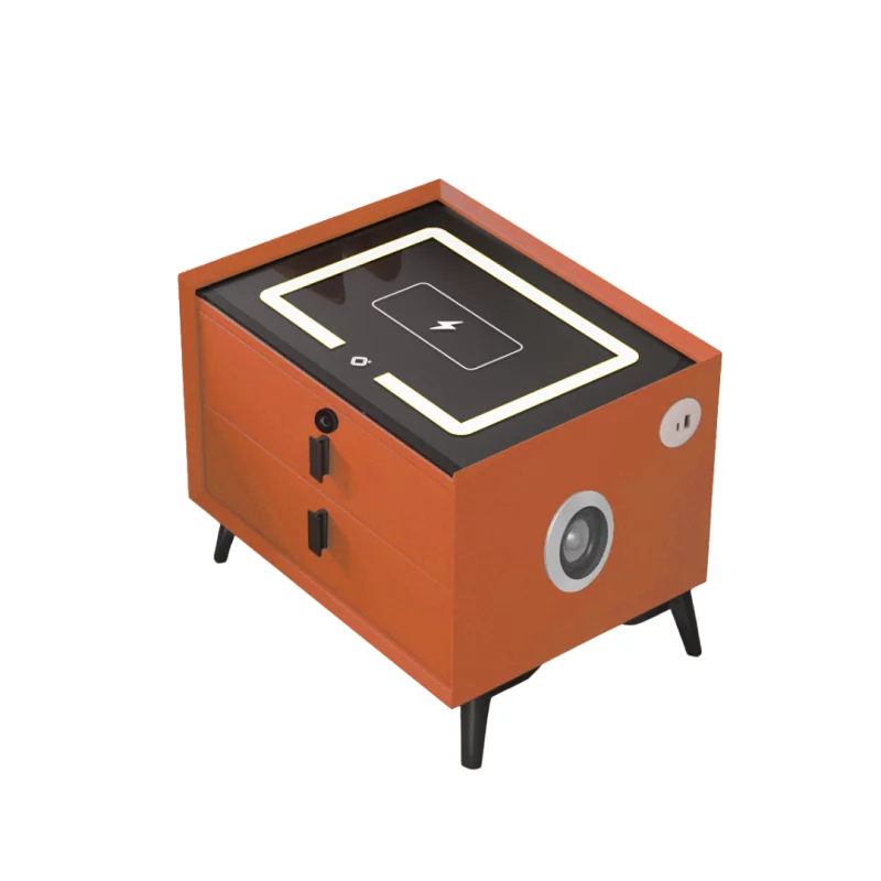 Noptieră inteligentă cu încărcare wireless, iluminare LED, difuzor Bluetooth, port USB și Type-C – culoare portocaliu, 2 sertare, design modern din sticlă și lemn