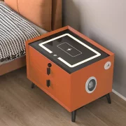 Intelligens ejjeliszekreny vezetek nelkuli toltessel, LED vilagitassal, Bluetooth hangszoroval, USB es Type-C porttal - narancssarga szinu, 2 fiokkal, modern uveg es fa kialakitassal