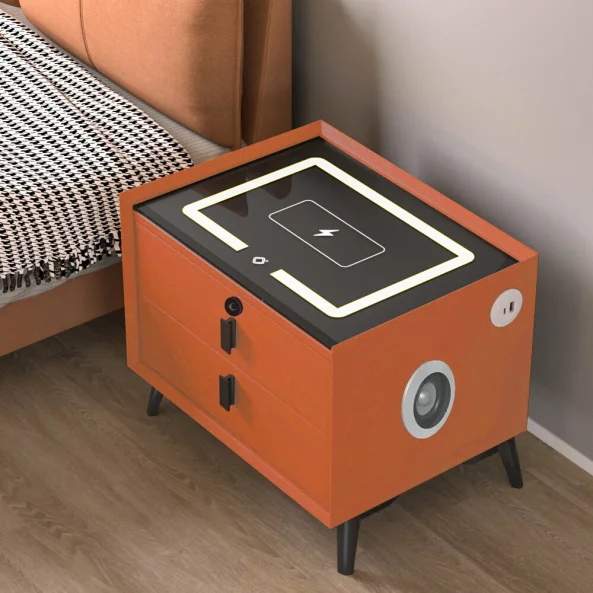 Intelligens ejjeliszekreny vezetek nelkuli toltessel, LED vilagitassal, Bluetooth hangszoroval, USB es Type-C porttal - narancssarga szinu, 2 fiokkal, modern uveg es fa kialakitassal