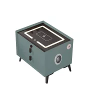 Intelligens ejjeliszekreny vezetek nelkuli toltessel, LED vilagitas, Bluetooth hangszoro, USB es Type-C port - zold szin, 2 fiok, modern uveg es fa dizajn