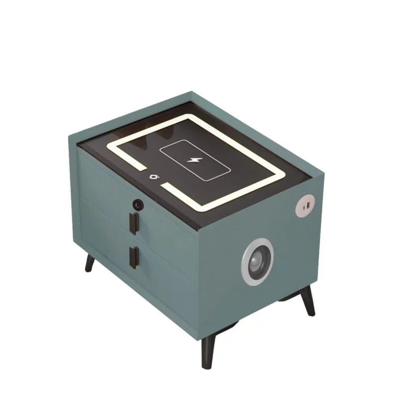 Noptieră inteligentă cu încărcare wireless, iluminare LED, difuzor Bluetooth, port USB și Type-C – culoare verde, 2 sertare, design modern din sticlă și lemn